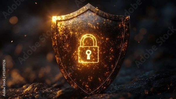 Fototapeta A glowing shield with a lock emblem, symbolizing strong digital protection and security. The warm light against a dark background creates a powerful image.