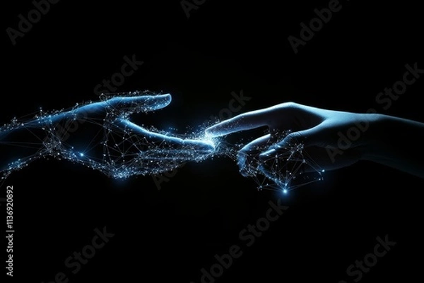 Obraz Robot and human hands connect on customer support network, showcasing automation and ai efficiency
