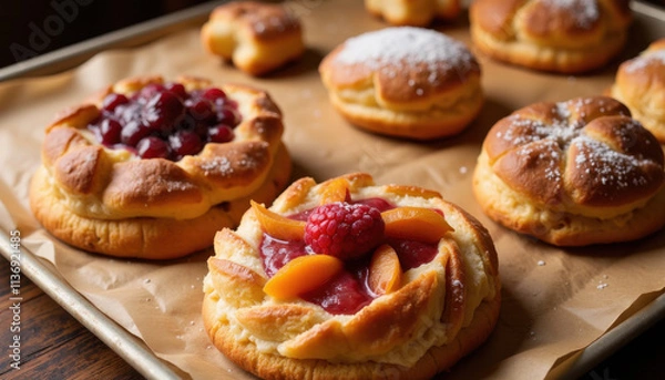 Obraz A tray of baked Danish pastries with fruit fillings 