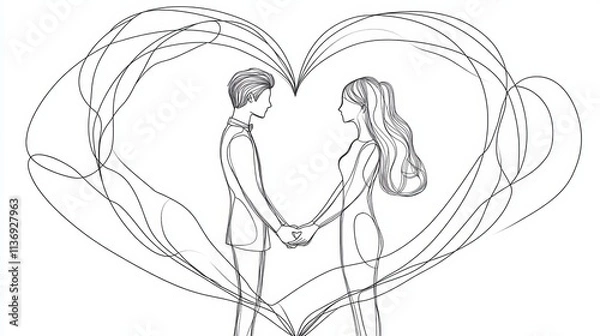 Fototapeta Black line art of a couple holding hands with a heart shape, symbolizing wedding romance and love