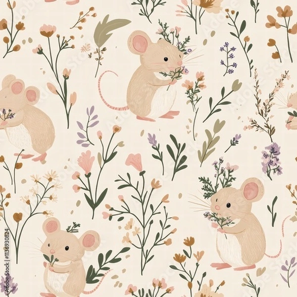 Fototapeta Charming little mice joyfully collect colorful flowers amid a backdrop of playful botanical illustrations, creating a whimsical atmosphere. Generative AI