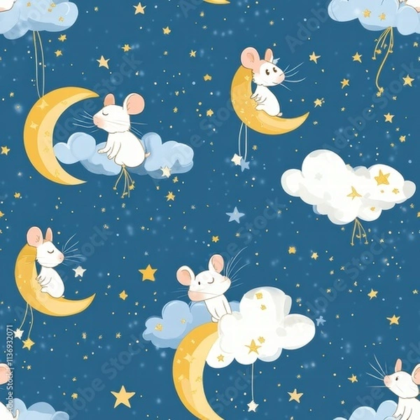 Fototapeta Delightful mice rest on crescent moons and dreamy clouds, surrounded by twinkling stars, creating a soothing nighttime atmosphere. Generative AI