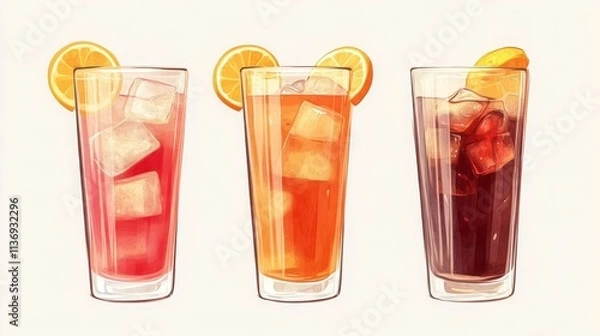Fototapeta Set of cola, soda, and orange drinks in tall glasses; isolated with reflections. 