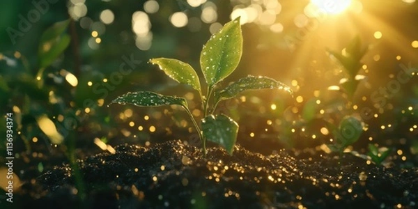Fototapeta A close-up view of a young plant emerging from soil, surrounded by glistening droplets, symbolizing growth, renewal, and sustainability under warm sunlight.