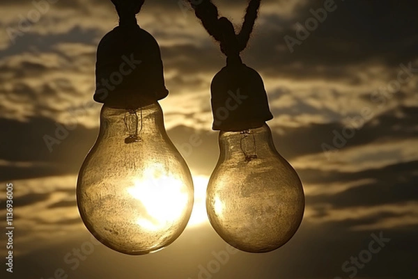 Fototapeta Two vintage light bulbs hanging from a rope, one of them appears to be on and the other one off. The sun sets in the background and casts a warm glow over the scene. Background of sky with clouds.