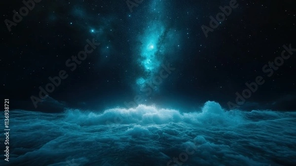 Fototapeta An ethereal scene as ocean waves appear to join the Milky Way in the night sky, creating a seamless blend of sea and space with tranquil and surreal beauty.
