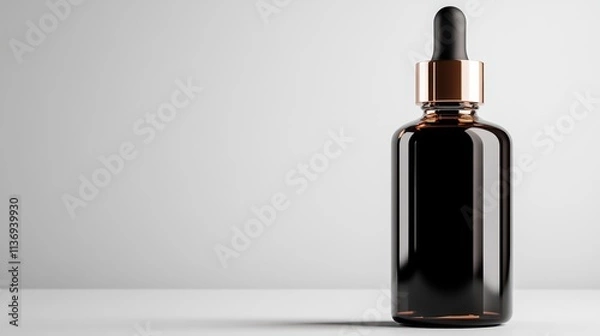 Fototapeta A stylish dark dropper bottle with copper detailing stands upright on a minimalist white surface, showcasing an elegant design and high-end appearance perfect for cosmetics.