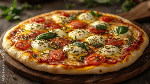 Fototapeta Freshly Baked Pizza with Mozzarella, Tomatoes, Basil, and Olive Oil on Rustic Wooden Board
