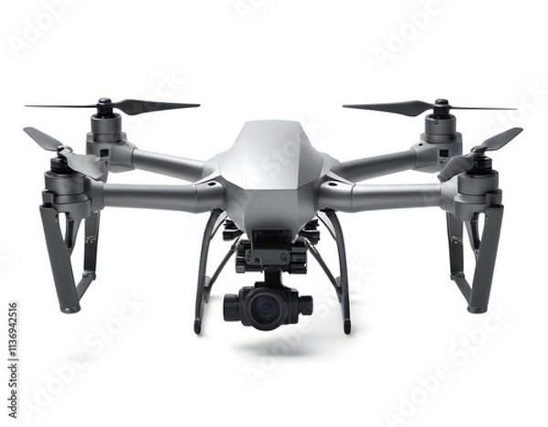 Obraz A silver drone with four propellers and a camera mounted on the front