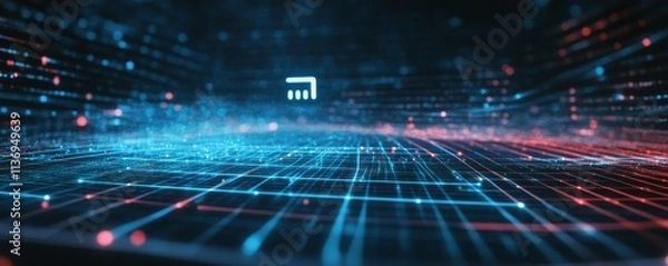 Fototapeta Energy Technology Concept with battery symbol against a Futuristic, Blue Digital Grid background. Network Tech Wallpaper.