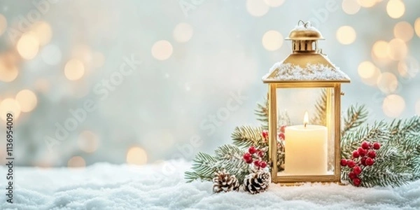 Fototapeta A serene winter scene featuring a lantern with a candle surrounded by pine branches and berries, perfect for holiday celebrations and cozy decor.