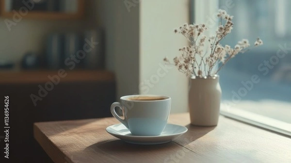 Fototapeta A serene coffee moment captured with a steaming cup beside a delicate vase of flowers on a sunny window sill
