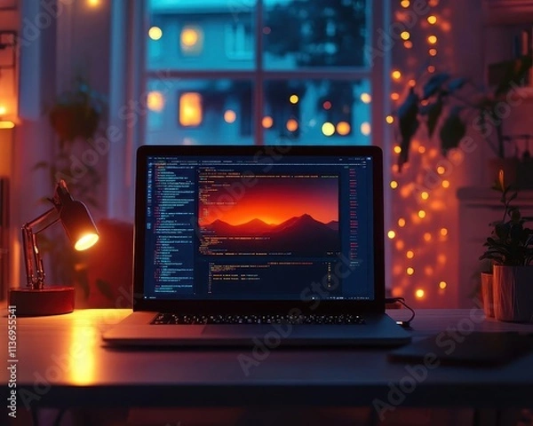 Fototapeta A glowing laptop screen displaying remote access to a virtualized server, set in a cozy home office with cinematic shadows