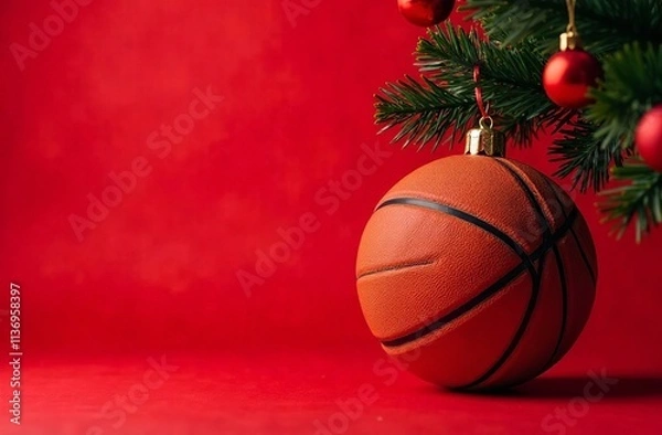 Fototapeta Basketball as toy on Christmas tree branch. New Year's advertising banner for store selling sporting goods. Poster of basketball match. Red background. Blank space for text. Copy space
