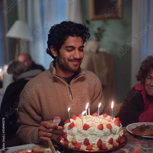 Obraz An Indian-American man celebrates his birthday surrounded by friends, cake, and laughter in a joyful setting