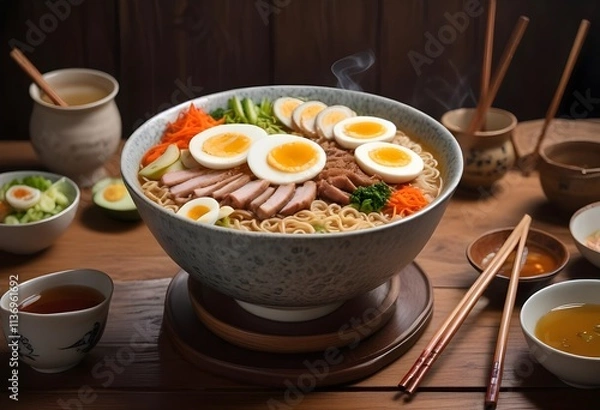 Fototapeta A bowl of steaming hot ramen noodles with sliced pork, vegetables, and a soft-boiled egg, served on a wooden table with chopsticks and other Asian-inspired tableware
