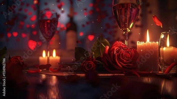 Fototapeta An email banner showcasing a candlelit dinner setting with red roses, a glass of wine, and a glowing heart-shaped background.