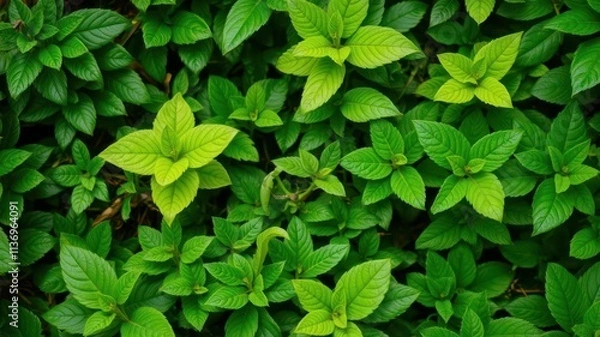 Fototapeta Lush green leaves of different shapes and sizes creating a vibrant and textured foliage background, organic, plants, foliage