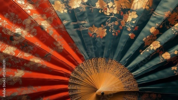 Fototapeta Ornate Hand Fan with Red and Green Silk Panels