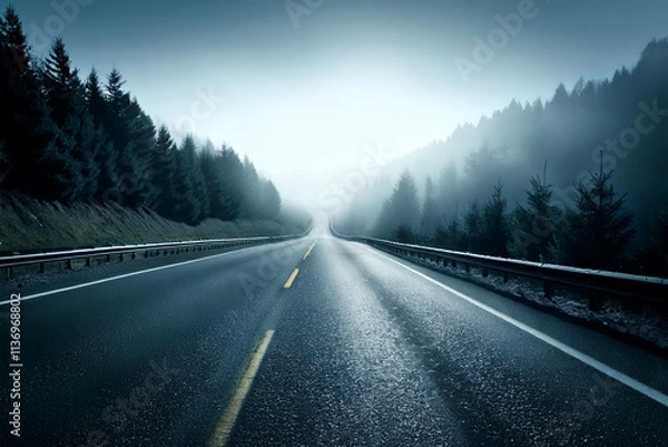 Fototapeta Road in green forest in rainy summer day. Beautiful mountain roadway, tress, grass, Landscape with empty highway through the wood in spring.