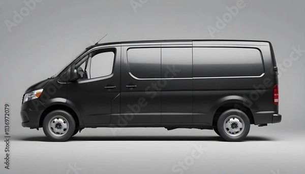 Fototapeta A black cargo van with a blank side panel, parked on a plain background
