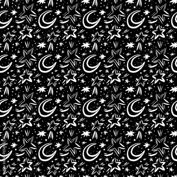 Obraz Black and white seamless pattern with moons and stars. Decorative festive background. 