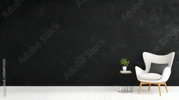Fototapeta   A sleek white chair rests against a dark wall, while a lush potted plant sits atop a petite table