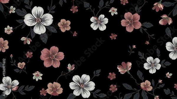 Fototapeta Seamless charcoal small floral elements wallpaper with delicate black flowers and leaves on a dark background, dark, wallpaper