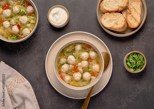 Fototapeta Food photography of soup with chicken meatballs and  vegetables, carrots, cabbage, broccoli, potatoes, bell pepper, broth, toasted bread, spring onion, sour cream