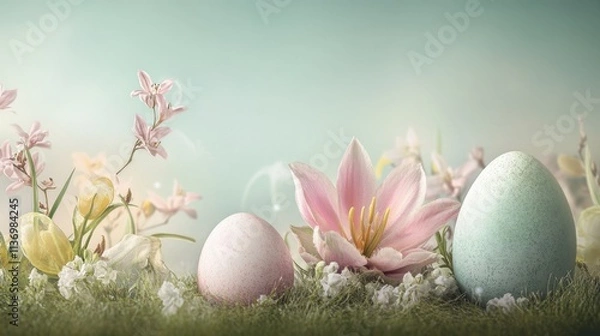 Fototapeta Colorful Easter Eggs Surrounded by Beautiful Flowers and Grass Background