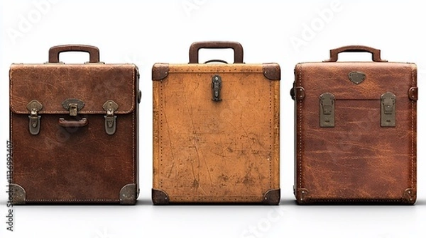 Obraz Three vintage leather suitcases isolated on white.