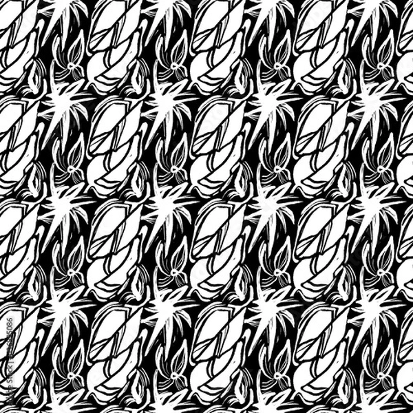 Obraz Black and white seamless pattern with doodle hand drawn abstract plants.