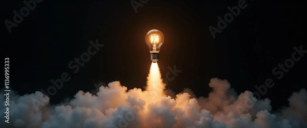 Fototapeta A glowing lightbulb takes off like a rocket, emitting smoke as it ascends, representing innovation and inspiration.


