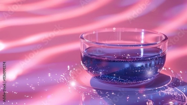 Fototapeta Iridescent liquid swirls and sparkles in an elegant glass cup creating a mesmerizing visual with a vibrant pink and purple gradient backdrop  The composition exudes a sense of luxury elegance