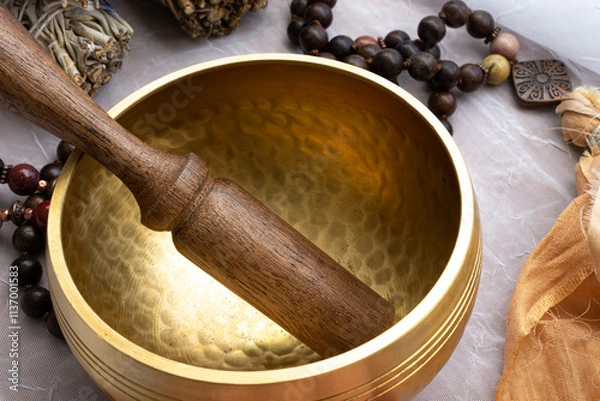 Fototapeta A top view image of a Tibetan singing bowl with wooden mallet and mala beads. 