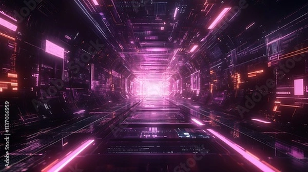 Fototapeta Futuristic Neon Tunnel Digital Data Stream Corridor