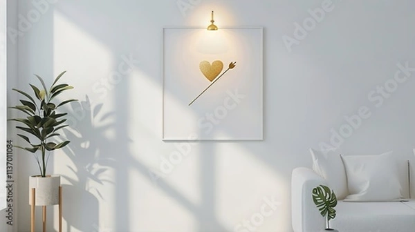 Fototapeta A modern love-themed event poster with gold foil accents and a minimalist design, featuring heart and arrow motifs, hanging on a clean white wall with soft spotlighting.