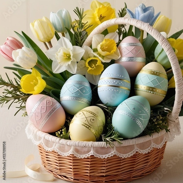 Obraz easter eggs in basket with flowers