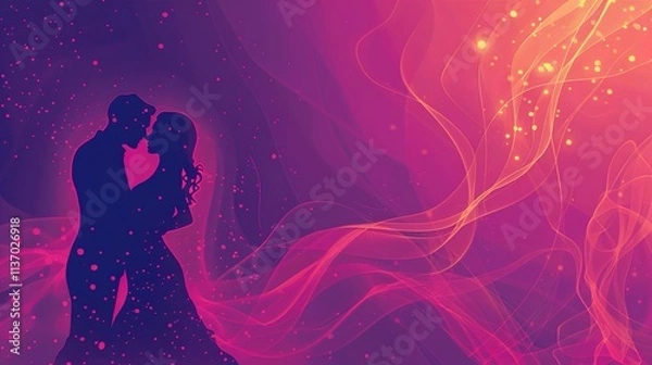 Fototapeta A romantic poster for a Valentinea??s dance event, featuring a silhouette of a couple in a warm glow, soft pink and purple tones, and the event details in chic fonts.