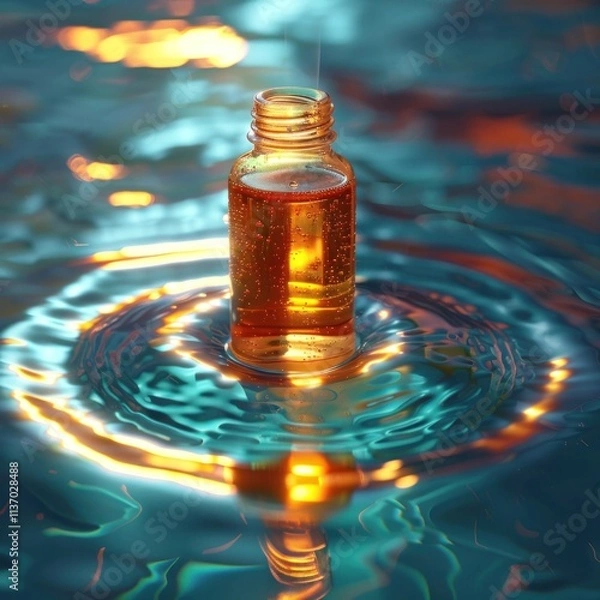 Fototapeta Floating glass bottle filled with pure natural essential oil creating a serene tranquil reflection in the calm rippling water  Concept of wellness beauty aromatherapy and holistic relaxation