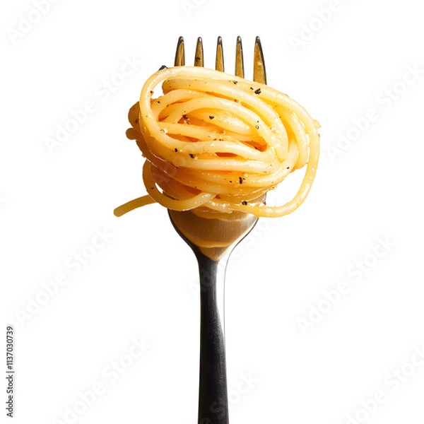 Fototapeta A spaghetti fork twirling a portion of spaghetti noodles