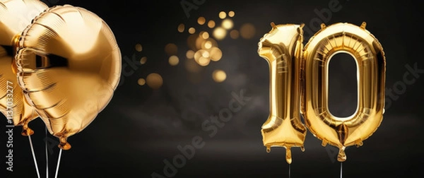 Fototapeta Bright golden balloons complement a large golden number 10 against a dark backdrop, celebrating a momentous occasion such as an anniversary or birthday