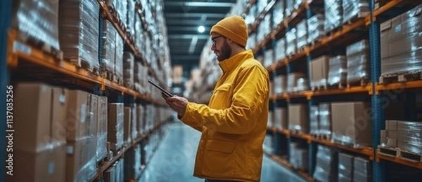 Fototapeta Warehouse worker using a tablet to check inventory in a warehouse.
