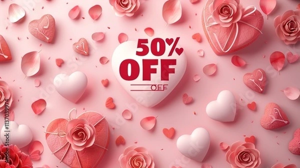 Fototapeta A Valentinea??s Day sale social media template featuring a bold "50% OFF" text with heart icons, surrounded by soft pink and red gradient colors and subtle rose petals.