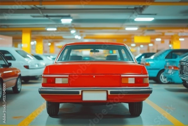 Fototapeta A red car stands prominently in a brightly lit urban parking garage, surrounded by other vehicles. The vibrant hues create a striking and lively atmosphere for stock photography.