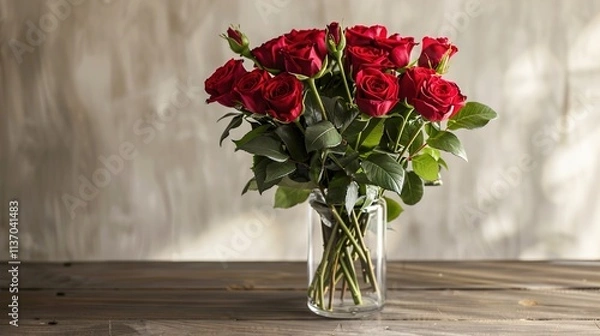 Fototapeta A vibrant bouquet of fresh red roses arranged in an elegant glass vase, placed on a wooden table with soft natural light.