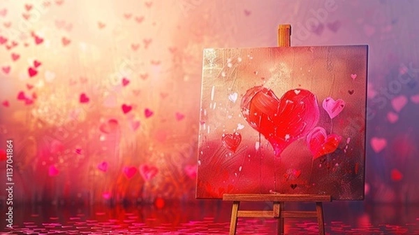 Fototapeta A vibrant love-themed poster for an event, featuring bold red and pink heart designs with elegant typography, displayed on a wooden easel in soft, romantic lighting.