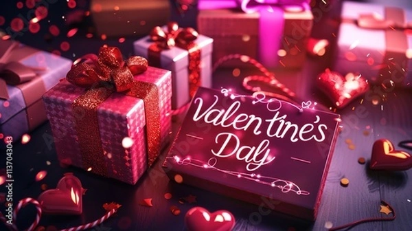 Fototapeta A vibrant Valentinea??s Day sale template for social media featuring gift box icons, sparkling effects, and a prominent "Valentinea??s Day Sale" message with a discount.