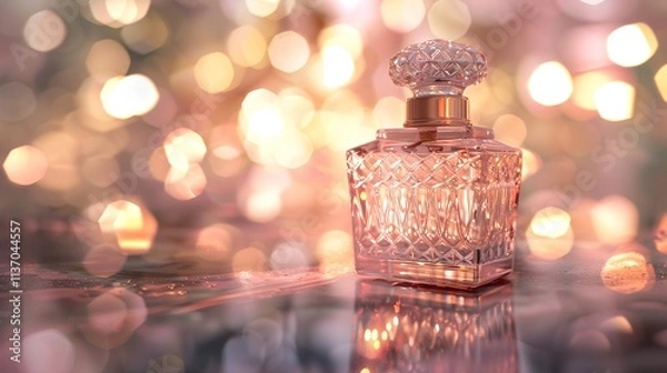 Fototapeta A vintage-style perfume bottle with a romantic label, standing on a glass surface with soft pink and gold reflections and an intimate, warm atmosphere.