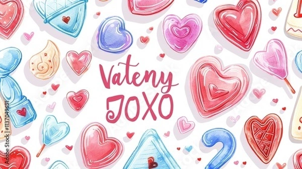 Fototapeta Cute Valentinea??s Day digital stickers with symbols like love letters, heart-shaped chocolates, and "XOXO" text, all in bright pastel colors.